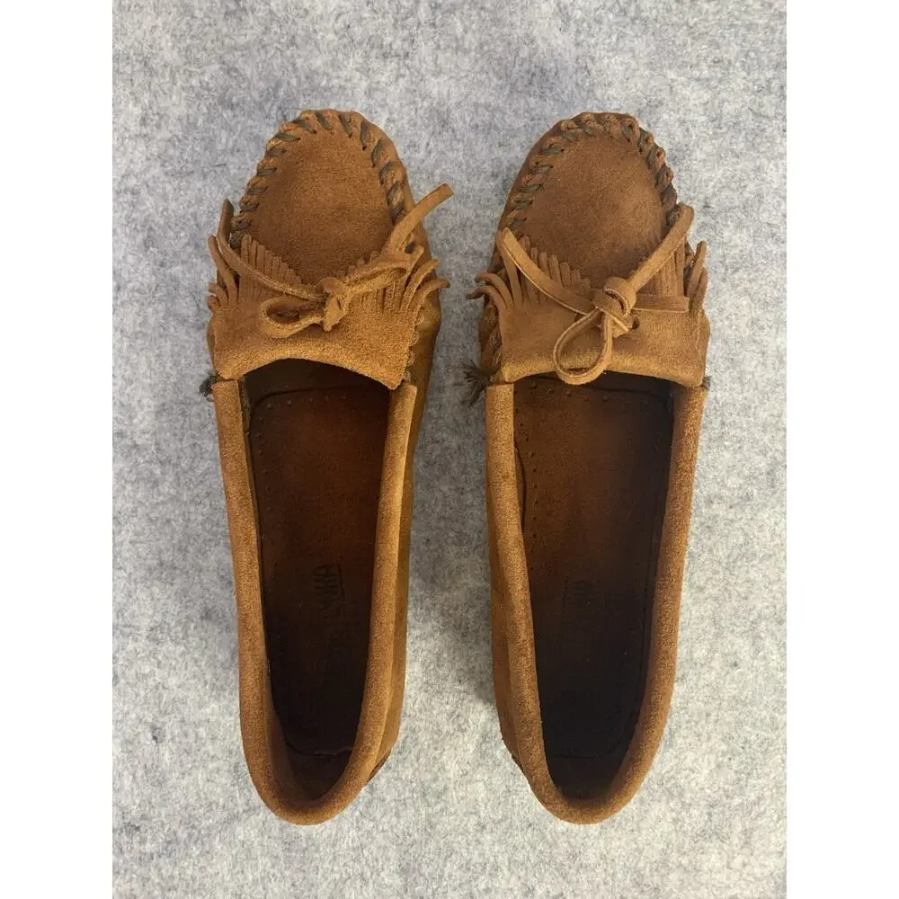 Minnetonka Moccasins Womens 10 Brown Suede Kilty Fringe Driving Loafer Shoes
